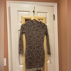 Windsor Taupe Lace Mock Neck Long Sleeve Mini Dress - Small